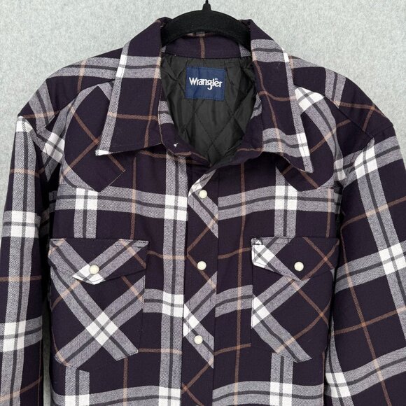 Wrangler Mens Quilted Lined Flannel Shirt Jacket Size L Purple Plaid Pearl Snap - Picture 3 of 14